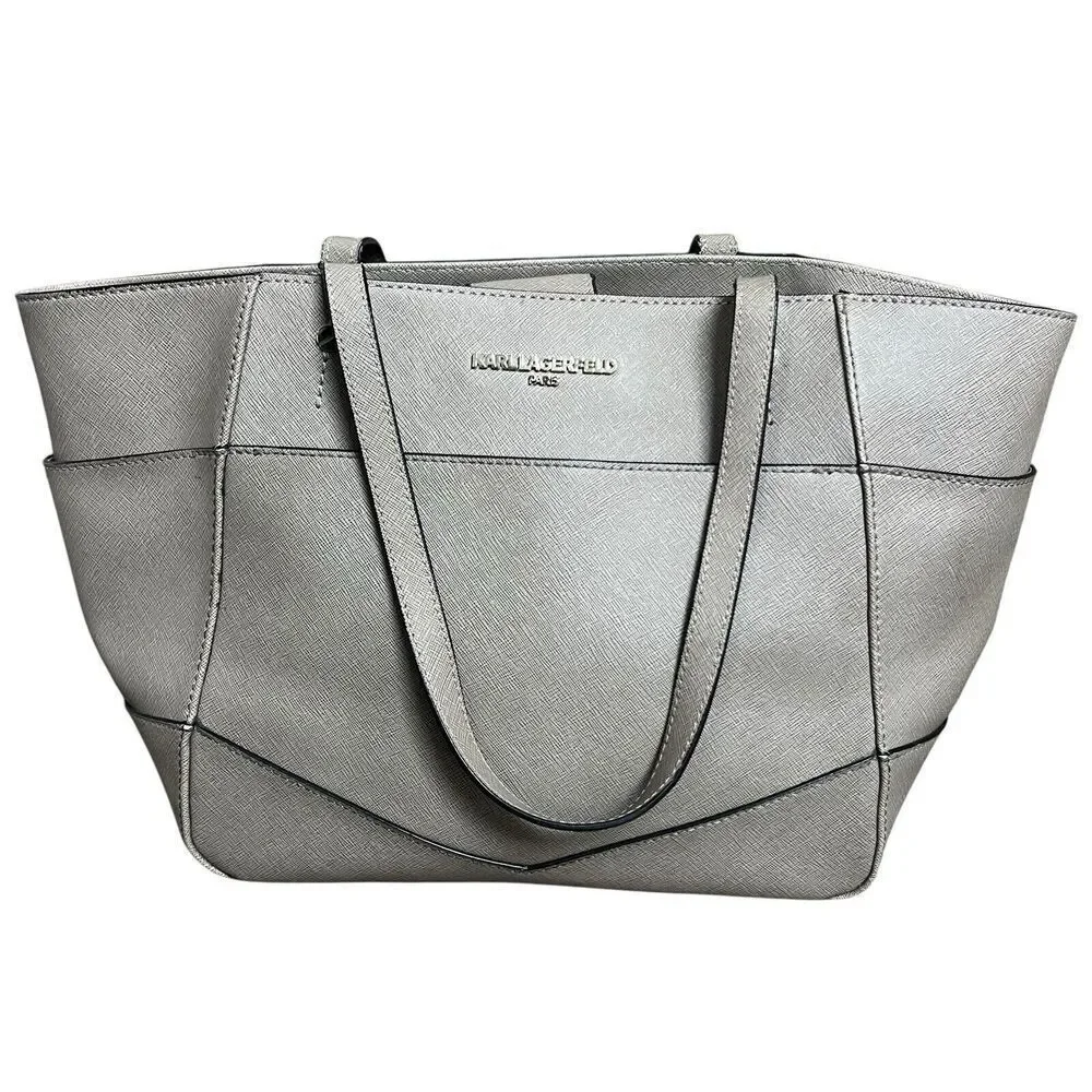 Karl Lagerfeld Paris Taupe Gray Saffiano Leather Satchel Double Handles